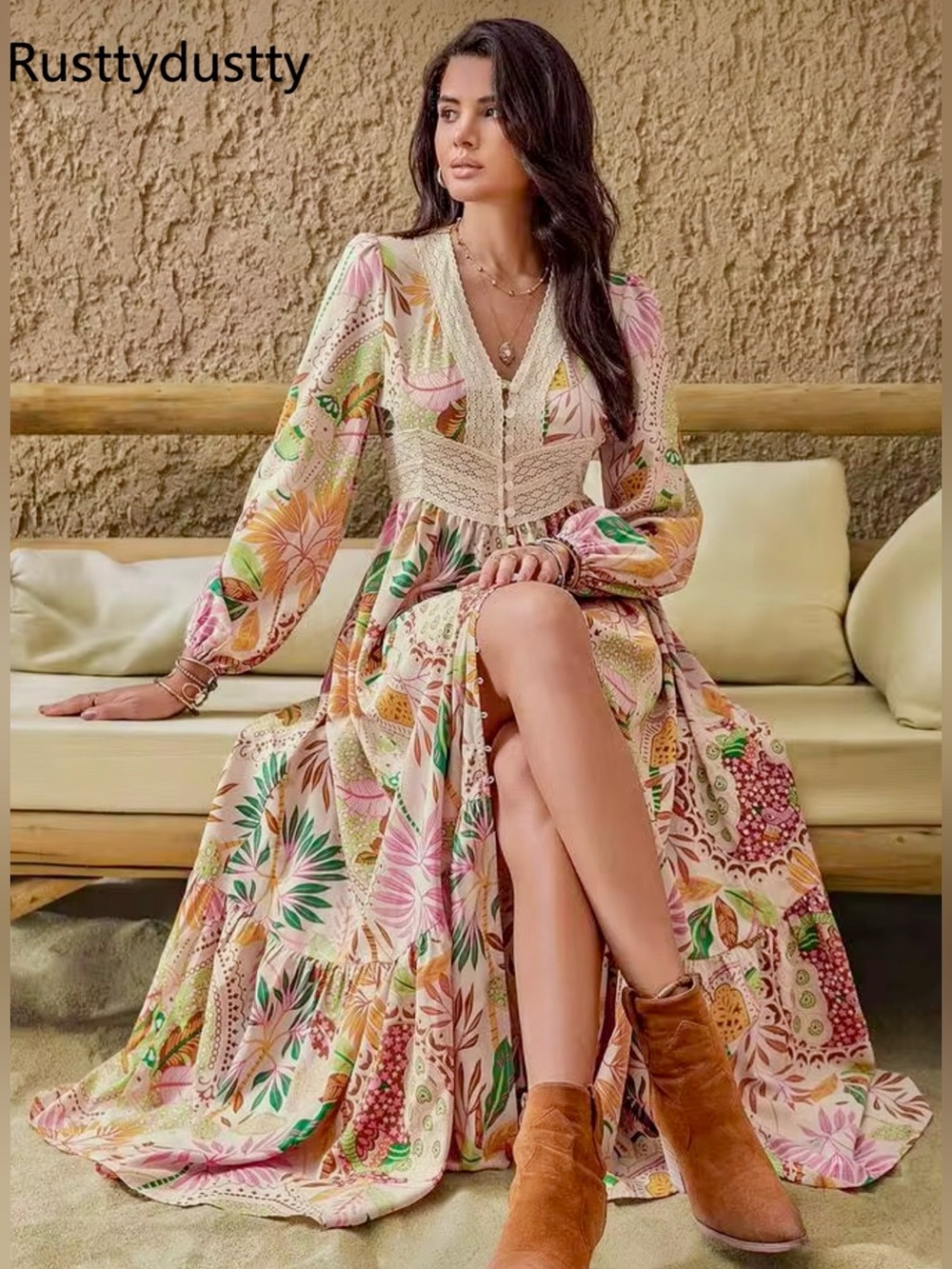 Vacasun Boho Floral Lace-Trim w/Elephants Maxi Dress • Size M • NWT - Picture 5 of 11